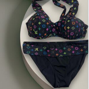 Women’s Black Bikini Set with Multicolor Top